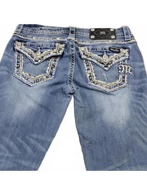 "Miss Me" Sz.26, Low Rise, Boot Cut Embellished Flared Jeans in Medium Blue Wash